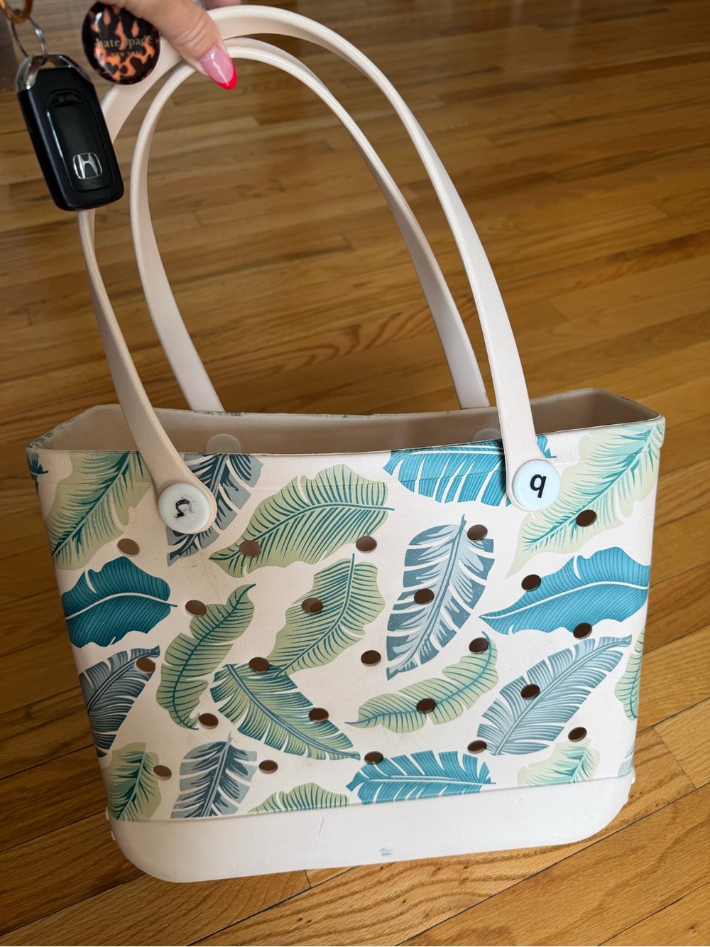 Both Bag Pink Tote with Green Leaf Print